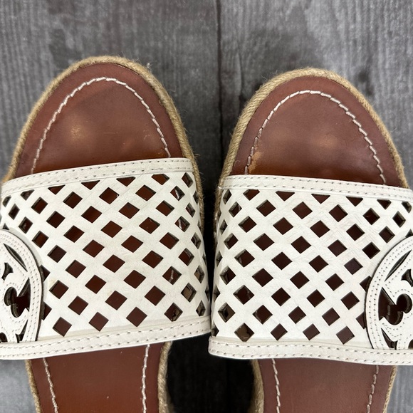 Tory Burch White Leather Thatched 65mm Platform Wedge Sandals - Picture 9 of 17